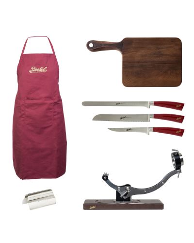 KIT PROSCIUTTO IBERICO: Morsa Iberico - Grembiule Rosso - Tagliere - Set Prosciutto Rosso Elegance - Pinza Prosciutto